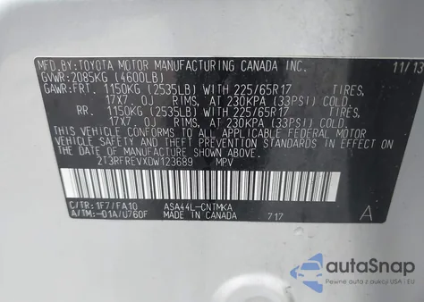 2013 Toyota Rav4 Xle z USA, uszkodzony, nr VIN 2T3RFREVXDW123689